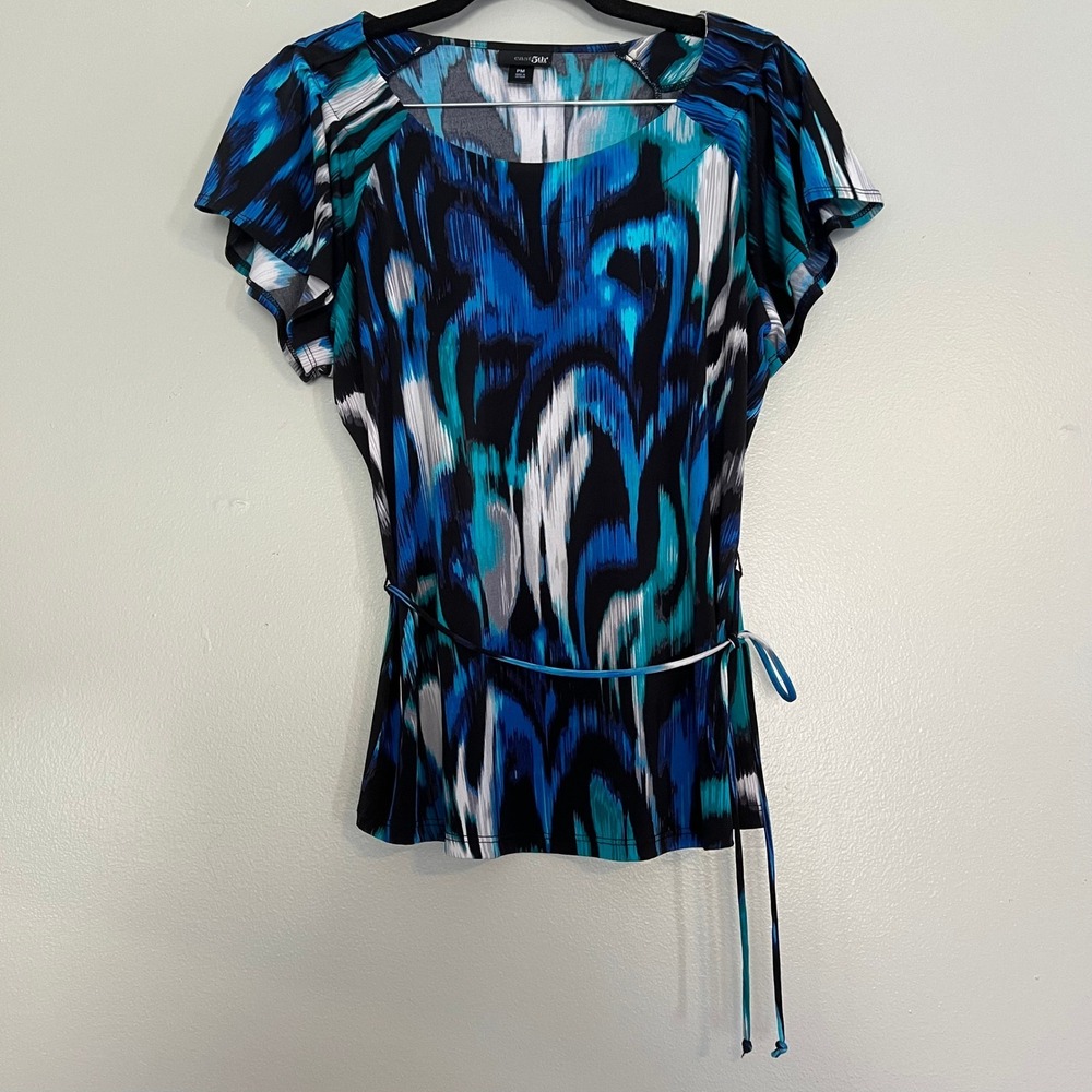 East 5th Petite Blue Abstract Ikat Print Short Sleeve Tie Waist Blouse PM y2k